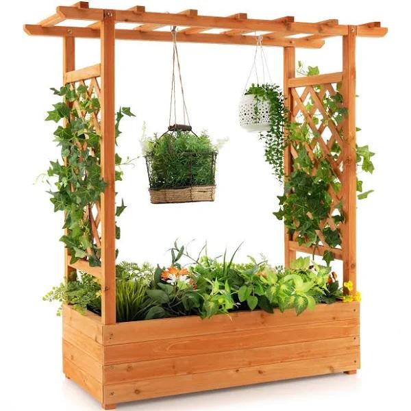 Giantex Large Wooden Raised Planter Garden Bed Container w/ Side & Top Trellis for Vine Climbing Plant Flower