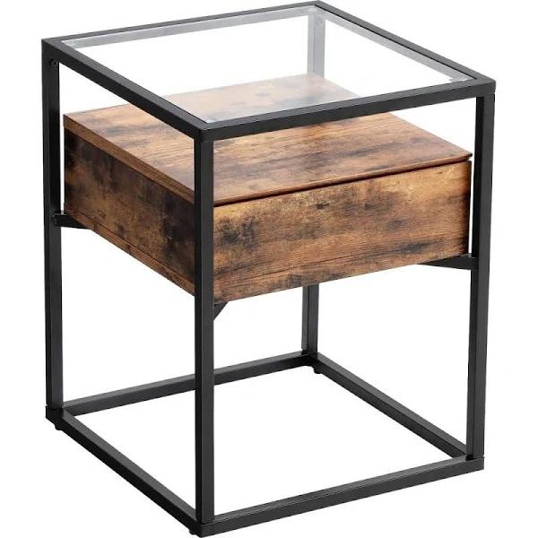 VASAGLE Rustic Brown and Black Tempered Glass Side Table With Drawer and Shelf