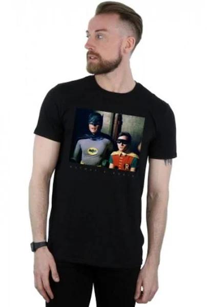 DC Comics Mens Batman TV Series Dynamic Duo Photograph T-Shirt (Black) (S)