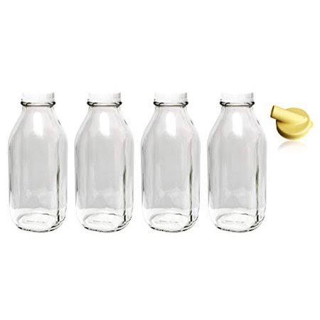 The Dairy Shoppe Heavy Glass Milk Bottles 33.8 oz Jugs With Extra Lids (4, 33.8 oz)