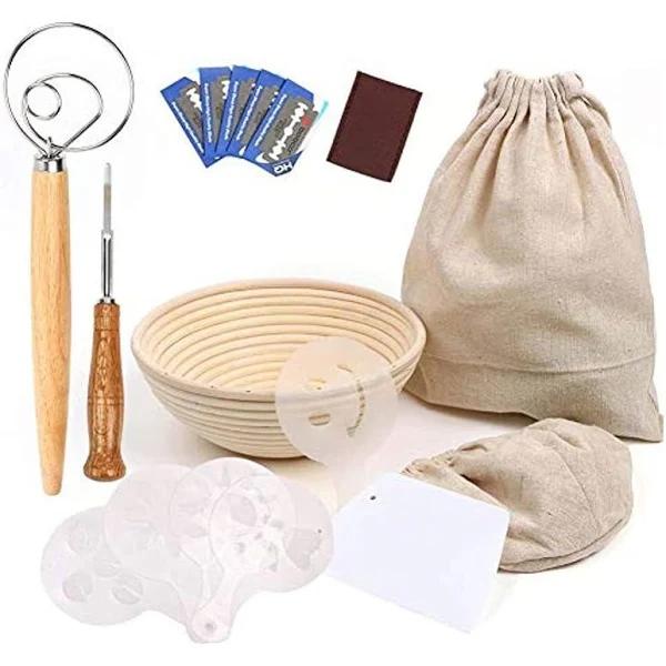 9 Inch Bread Proofing Basket, Professional Baking Tool 7 Pack Set Includes Banneton Proofing Basket,Cloth Liner,Bread Bag,Scoring Lame,Whisk,Scraper