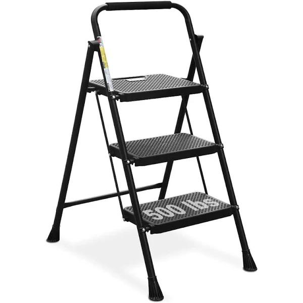 HBTower 3 Step Ladder, Folding Step Stool with Wide Anti-slip Pedal, 228kg Sturdy Steel Ladder, Convenient Handgrip, Lightweight, Portable Steel