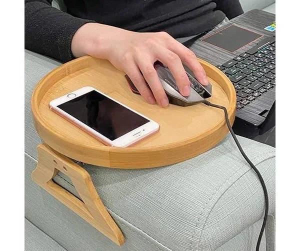 Side Tables Natural Bamboo Sofa Armrest Clip-on Tray, Ideal For Remote/Drinks/Phone