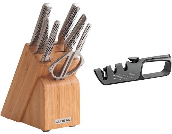 GLOBAL Takashi 8 Piece Knife Block Set - Bamboo With Bonus Acuminate Adjustable Knife Sharpener