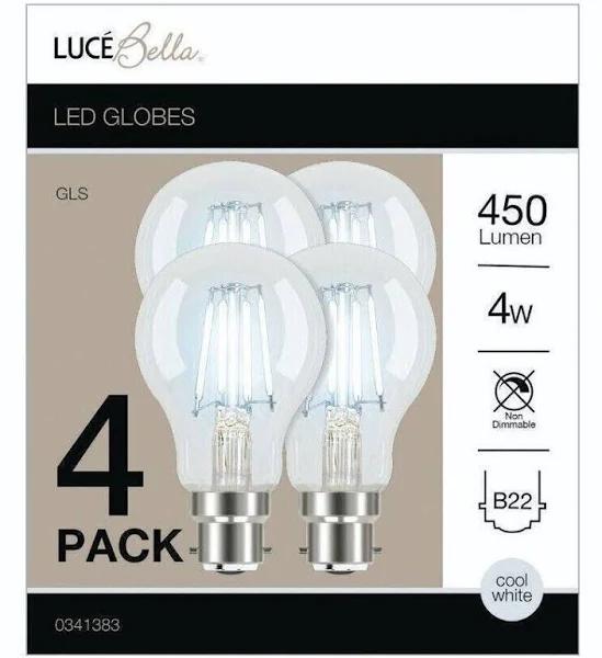 4x Luce Bella 4w Led Light Globes Glass Bulbs Clear Cool White 4000k