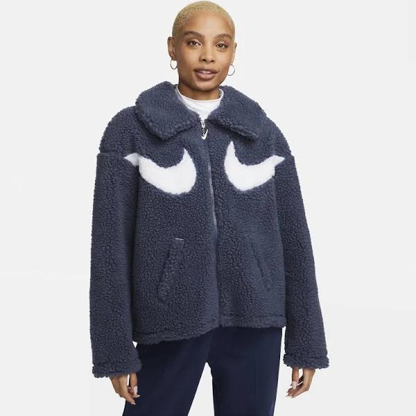 Nike Women's Fleece Jacket Thunder Blue Sportswear Swoosh Graphic Sherpa Full-Zip Jacket M