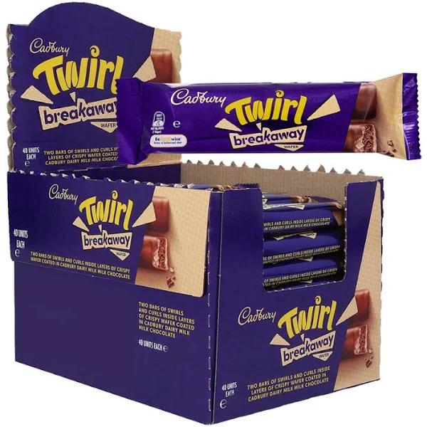 40pc 58g Cadbury Twirl Breakaway Wafer Chocolate Confectionery Snack Bars Box