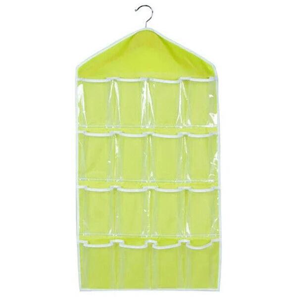 16 Pockets Organizer Clear Hanger Wardrobe Storage Bag Hanging Socks Rack Holder - Green