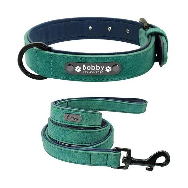 Personalized Genuine Leather Dog Collars Inner Padded with Engraving Nameplate, Green / XL / with One Leash