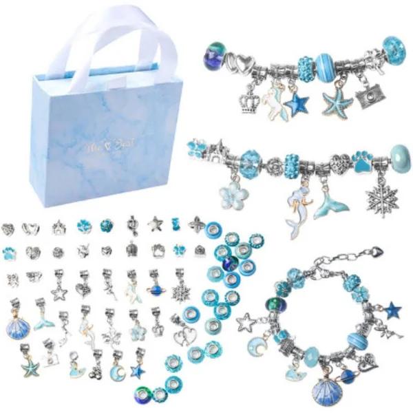 Jewellery Bracelet Making Kit DIY 63 Piece Blue Charms & Beads in Gift Box - AfterPay & zipPay Available