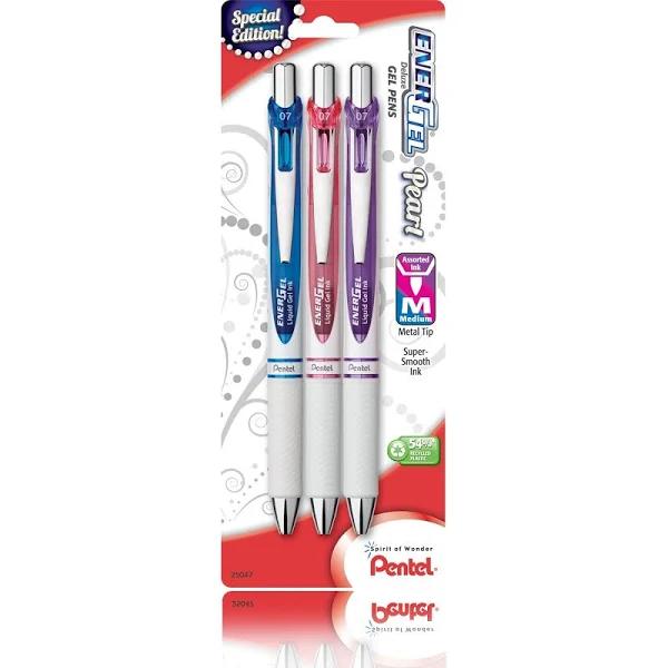 Pentel Energel Pearl Retractable Liquid Gel Pen 0.7mm 3 Pack - Assorted Colours