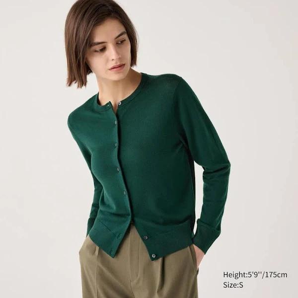 Uniqlo 100% Merino Crew Neck Cardigan - Green Size S