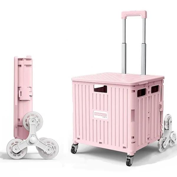 Viviendo 65L Foldable Shopping Trolley Cart Portable Grocery Basket Climbing Wheel with Top Cover - Pink