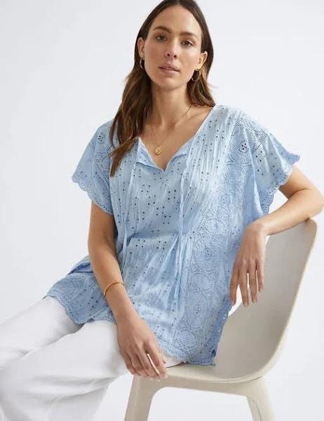 Katies Woven Broderie Lace Kaftan Style Top - Size 8 - Womens - Light Blue