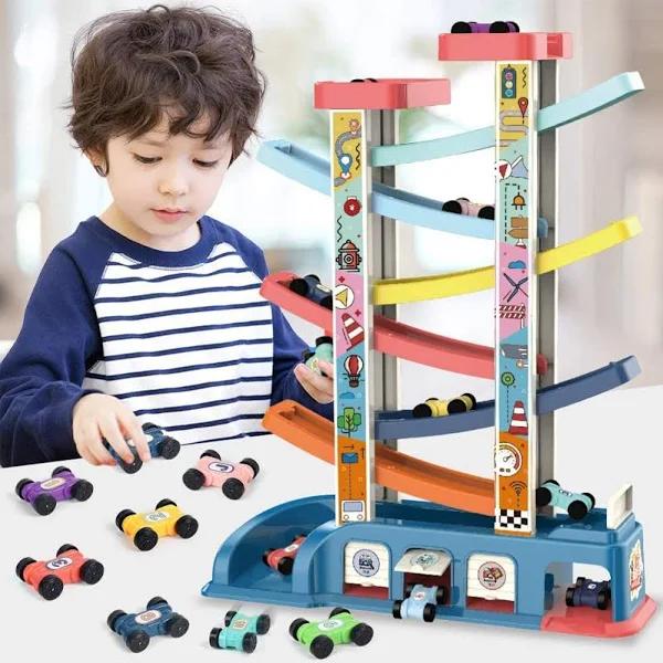 Uandhome Toddler Toys for 1 2 3 Year Old Boy & Girl Gifts, Car Ramp Racer Toys with 8 Cars & Race Tracks, Garages and Parking Lots, Baby Car Race