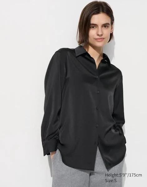 Uniqlo Satin Long Sleeve Petite Blouse - Black Size XS