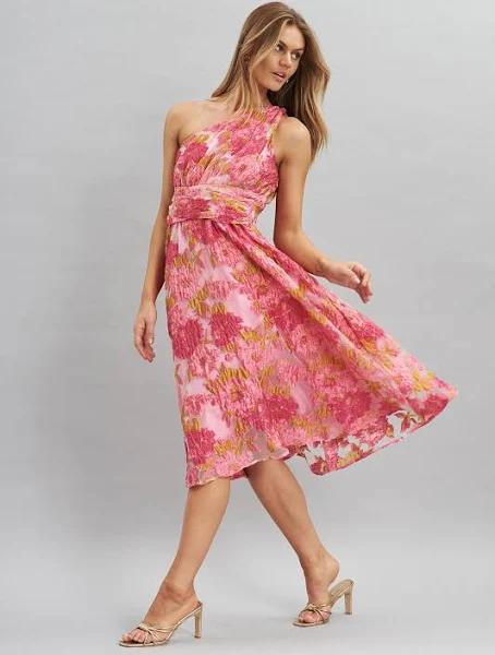 Majestic One Shoulder Midi Dress in Pink Floral Organza Burnout