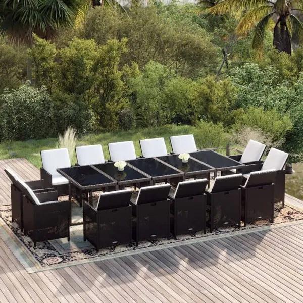 vidaXL 15 Piece Garden Dining Set With Cushions Poly Rattan Black