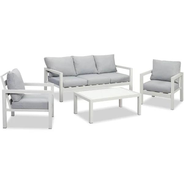 Manly 5 Seater White Aluminium Sofa Lounge Set - Light Grey Cushion