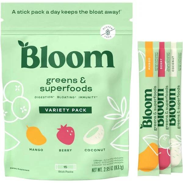 Bloom Nutrition Greens & Superfoods Powder Packets 15 Sticks 3 Flavors