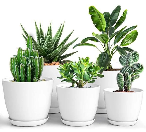 KICHLY Plastic Planters - Set of 5 - Flower Nursery Pots Indoor Modern Decorative Plastic Pots for Plants, Succulents, Flowers, and Cactus (White)