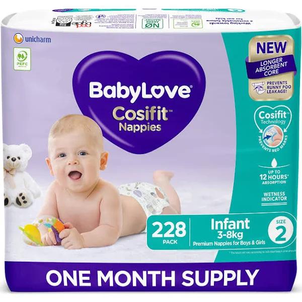 BabyLove Cosifit Nappies Size 2 Infant (3-8kg) 228 Nappies (3 x 76 Pack)