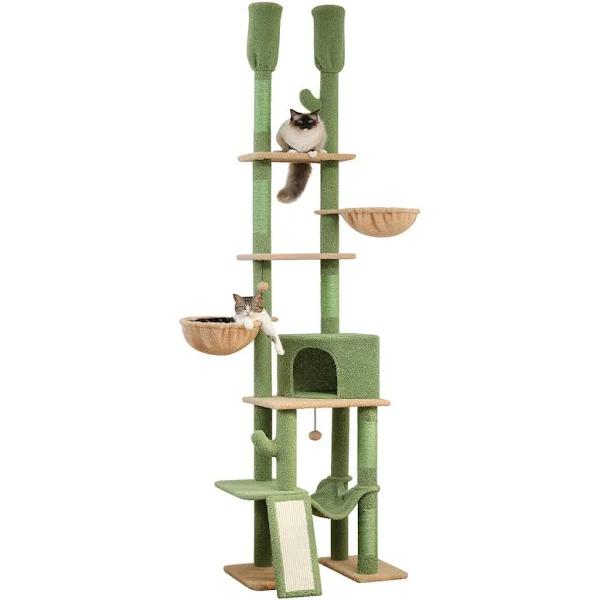 PaWz Road Cactus Cat Tree Floor to Ceiling Tower with Adjustable Height(85-112 Inches), 7 Tiers Climbing Activity Center Cozy Hammocks, 5 Platforms