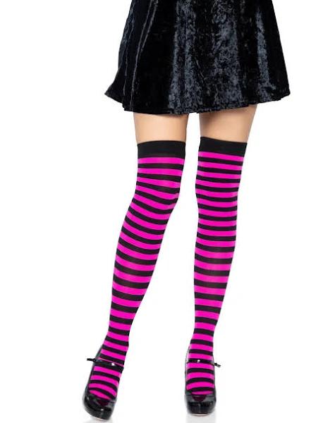 Black and Neon Pink Striped Thigh High Stockings