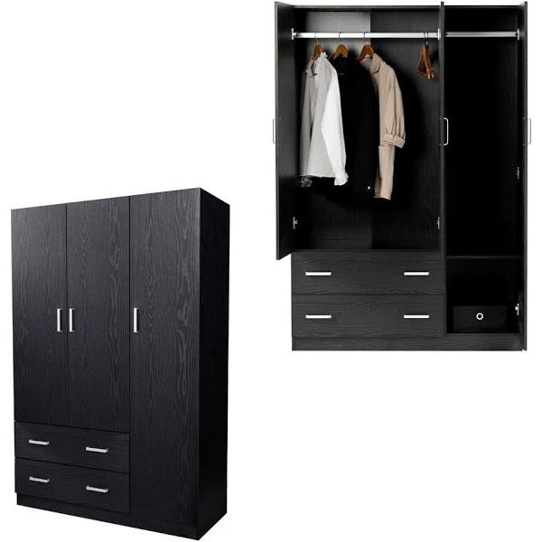 Foret Cabinet Wardrobe Clothes Rack Bedroom Storage Organiser 3 Doors 2 Drawers - 2 Colours Black