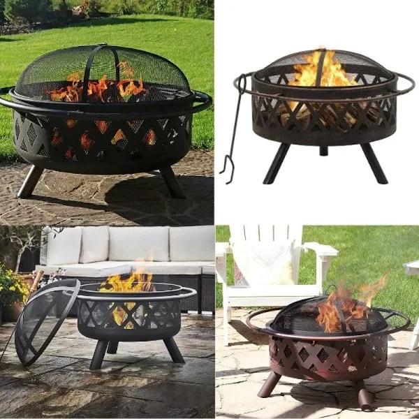 76cm Round Fire Pit Rustic Steel Outdoor Fireplace Patio Firepit Heater w/ Cover - AfterPay & zipPay Available