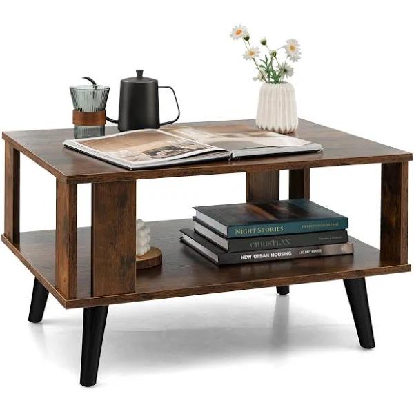 Giantex 2-Tier Coffee Table Wood Center Table Open Storage Shelf Industrial Side Table Rustic Brown