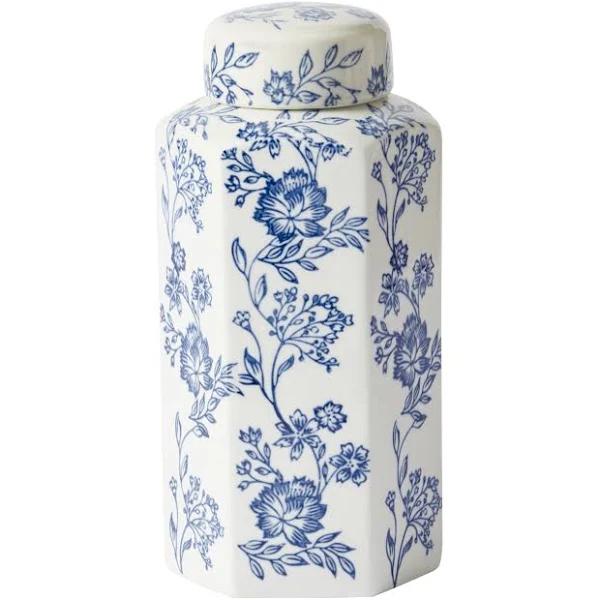 Claymont Flowers Hex Ginger Jar Blue and White 13x12x27cm | Blue and White | Homewares | Early Settler Furniture