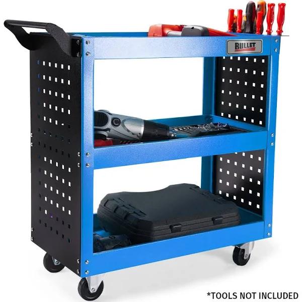 Bullet 3-Tier Steel Tool Trolley Cart, For Workshop, Mechanic, With Pegboard, Screwdriver Bay, Blue