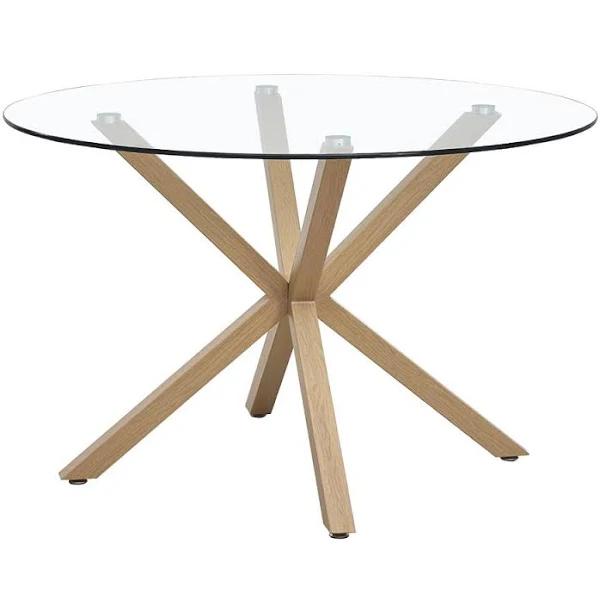 Rylee 4 Seater Cross Legs Round Glass Dining Table - Oak