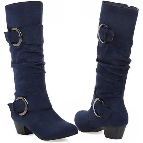 Amoretu Womens Closed Round Toe Mid Heel Boots Buckle Casual Boots-Blue - 34 - AfterPay & zipPay Available