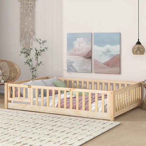 Tatub Full Floor Bed With Safety Guardrails And Slats, Toddler Floor Bed Frame Full Size For Girls And Boys, Wood Montessori Floor Bed For Kids,