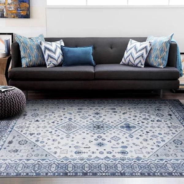 Large Bedside Rug Blue Ivory Tribal Persian Carpet Easy Clean 190x280cm - AfterPay & zipPay Available