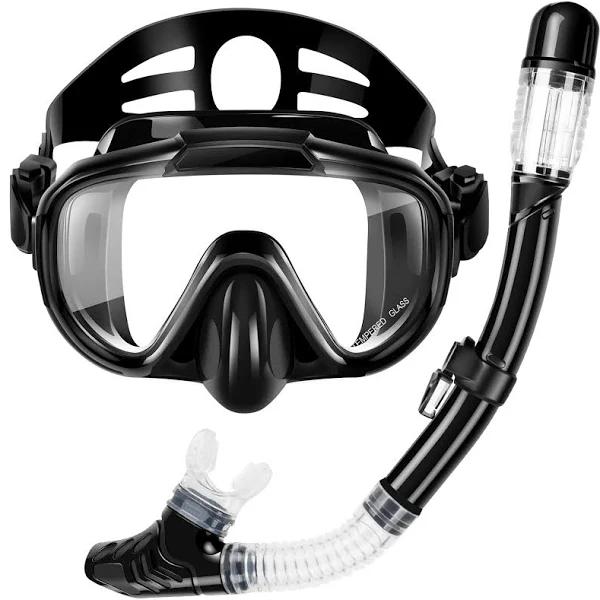 Snorkel Set, Dry Top Snorkeling Gear for Adults, Panoramic Anti-leak and Anti-fog Tempered Glass Lens, Adults Adjustable Snorkeling Set, Scuba