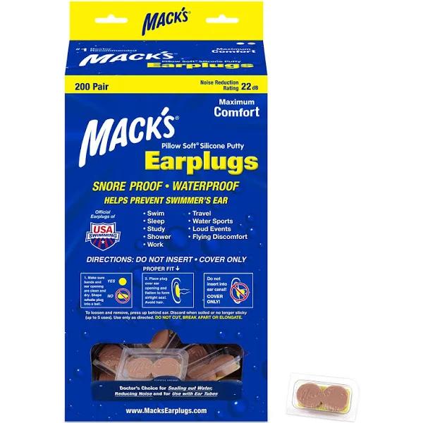 Mack's Mouldable Pillow Soft Beige Silicone Earplugs Bulk 200 Pairs