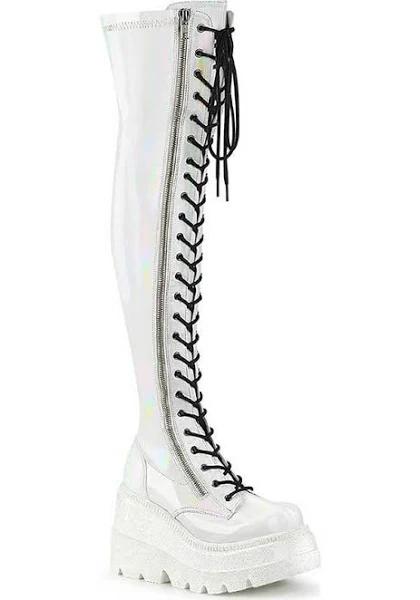 Demonia SHAKER-374 White Hologram Stretch Patent Thigh Boot Size 10