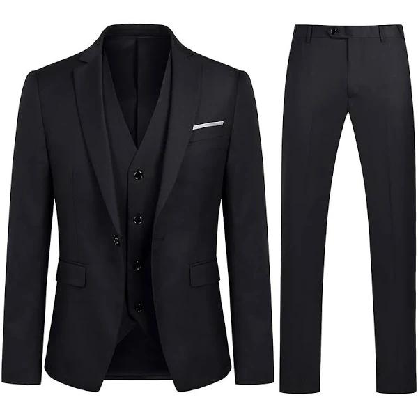 Allthemen Mens Suit 3-piece Business Casual Solid Slim Suit Blazer Pants Vest 9 Colors Black S