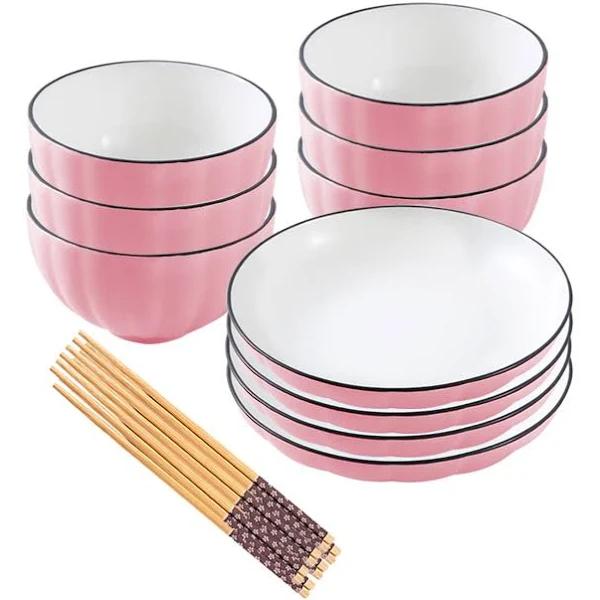 SOGA Pink Japanese Style Ceramic Dinnerware Crockery Soup Bowl Plate Server Kitchen Home Decor Set of 10