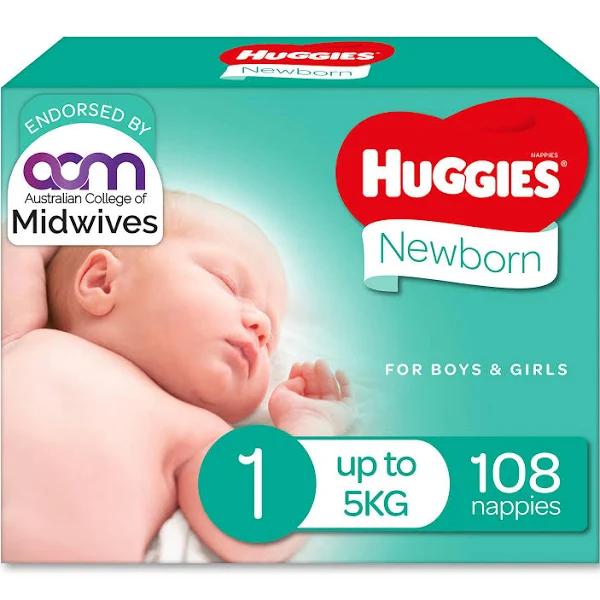 Huggies Newborn Nappies Size 1 (up to 5kg) 108 Pack