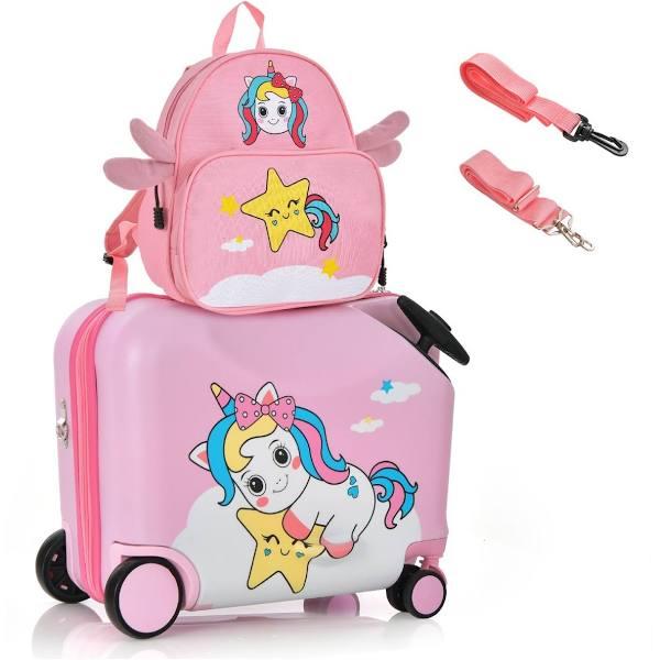 Costway 2pc Kids Ride-On Luggage Set 18" +12" Backpack Unicorn Travel Trolley Suitcase Set, Pink