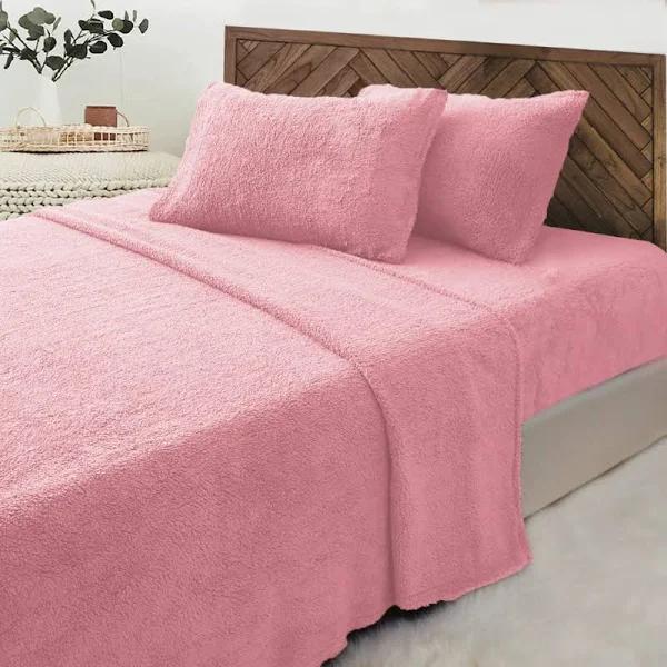 Queen Luxor Blush Teddy Bear Fleece Fitted Flat Sheet + Pillowcase Set