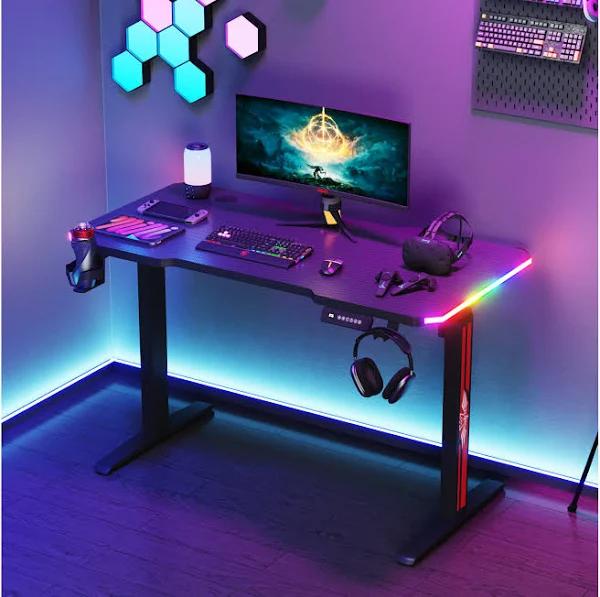 Advwin Electric Standing Desk Gaming Desk RGB LED Ergonomic Sit Stand Desk Height Adjustable Carbon Fiber Desktop Black 120cm