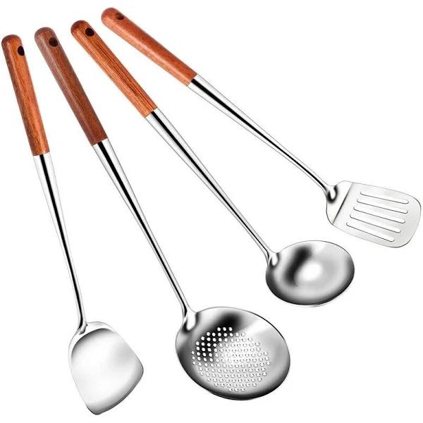 Long Handle Stainless Steel Wok Spatula Kitchen Slotted Rice Spoon Ladle Cooking Tools Utensil Set Silver