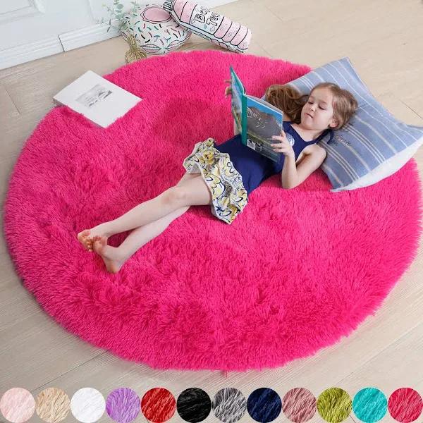 Hot Pink Fluffy Circle Round Rug 4'x4' For Kids Room, Furry Carpet For Teen Girls Bedroom, Shaggy Circular Rug For Nursery Room,fuzzy Plush Rug For