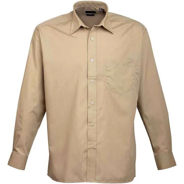 Premier Mens Poplin Long-Sleeved Shirt Khaki 18in Polyester Cotton Mens Shirt