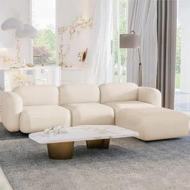 Soraya 3 Seater Modular Velvet Sofa w/ Ottoman - Cream White